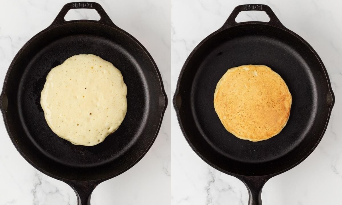 side by side 2 image collage of cooking ihop pancakes on a pan to show size. The left is the first side right is after flipping.