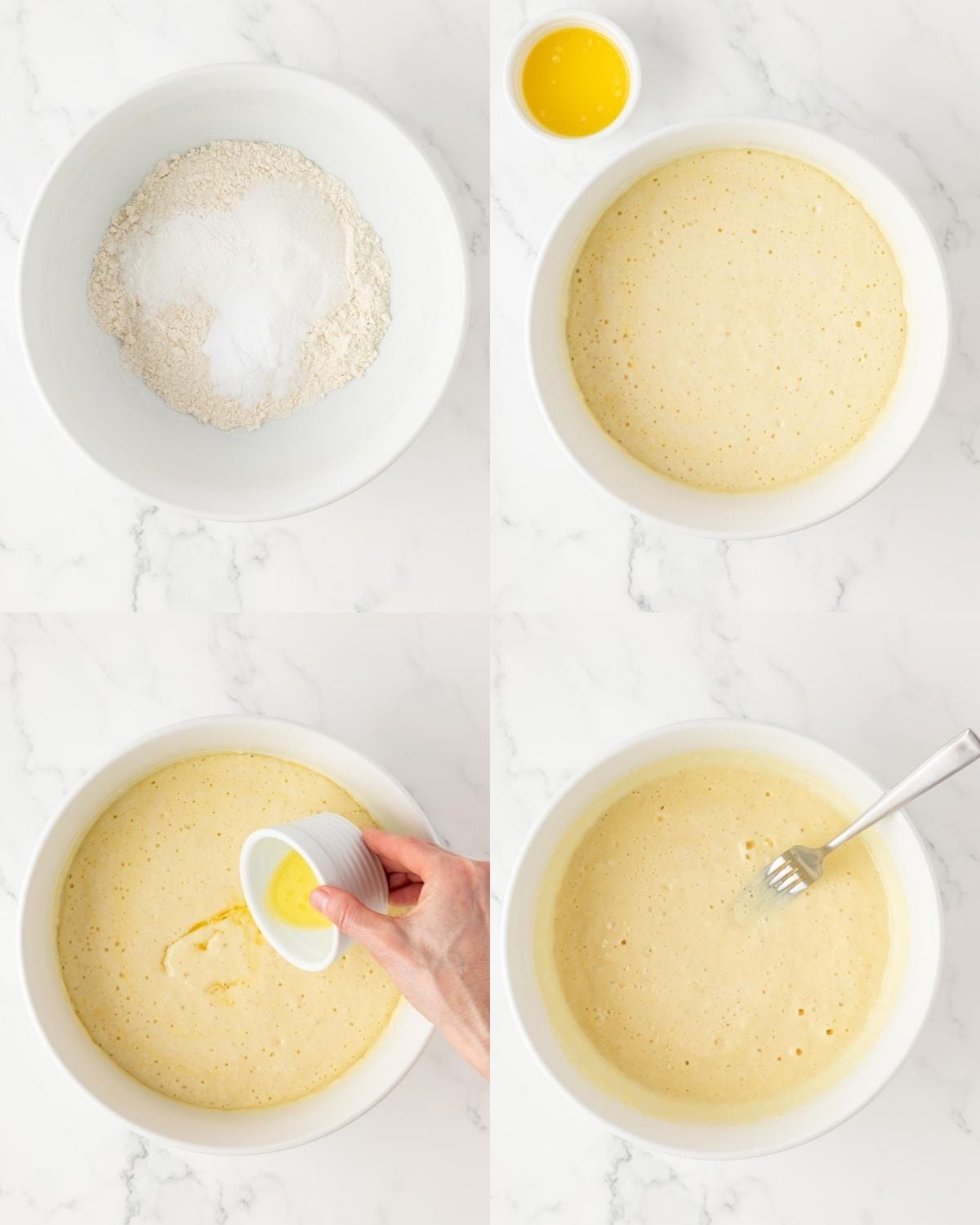 4 image collage showing how to make IHOP pancakes at home. Top left are all the dry ingredients in one bowl, top right is the batter mixed without the butter. Bottom left is adding the butter, bottom right is the finished batter