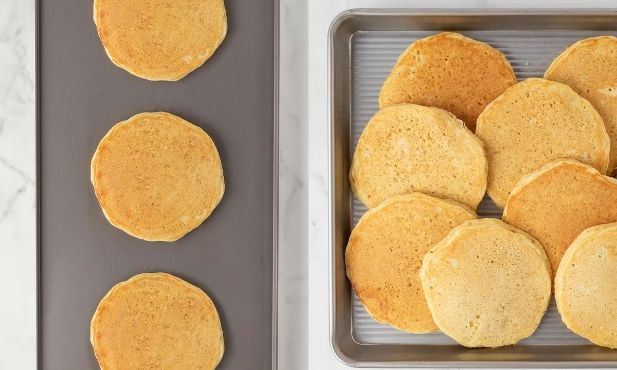 2 image collage. On left, cooking 3 IHOP pancakes on a griddle at home to show size, on right, a bunch of them made and kept warm on a sheet pan