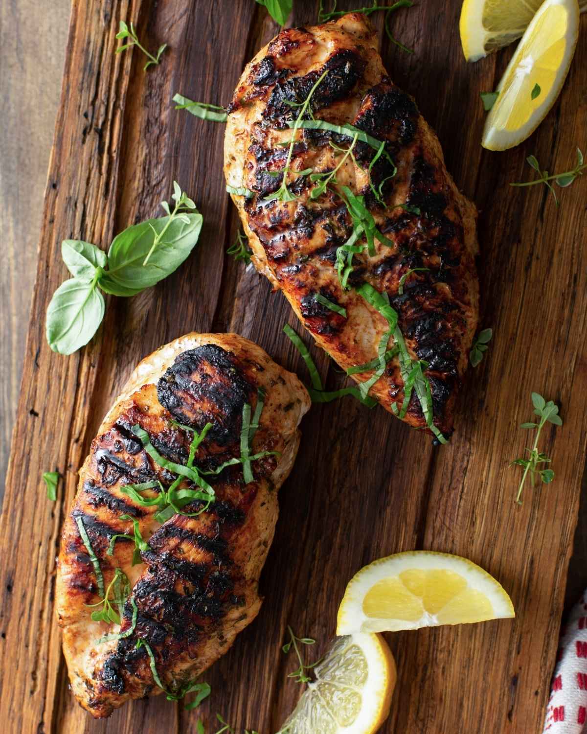 top view of two balsamic grilled chicken breasts