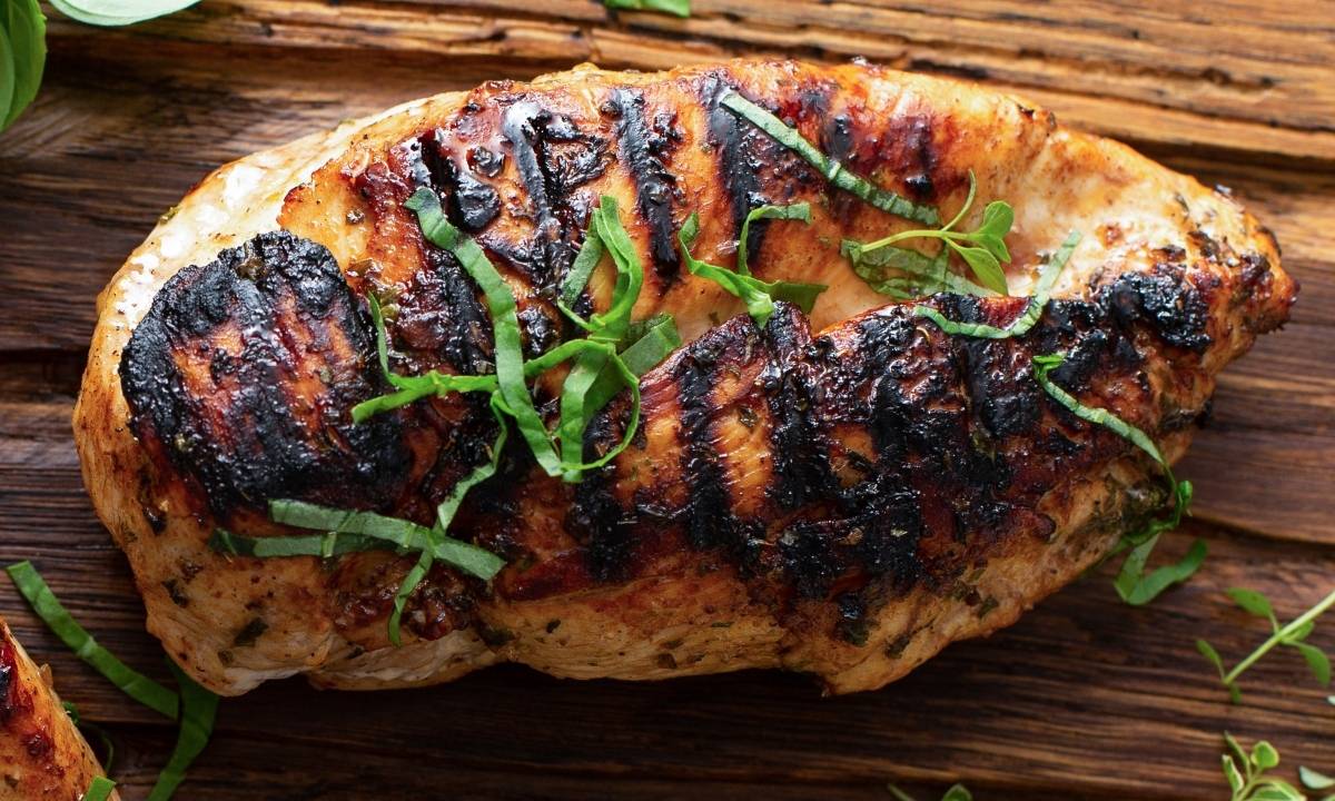 close up of a balsamic grilled chicken breast