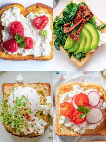 collage with four pieces of cottage cheese toast with different toppings