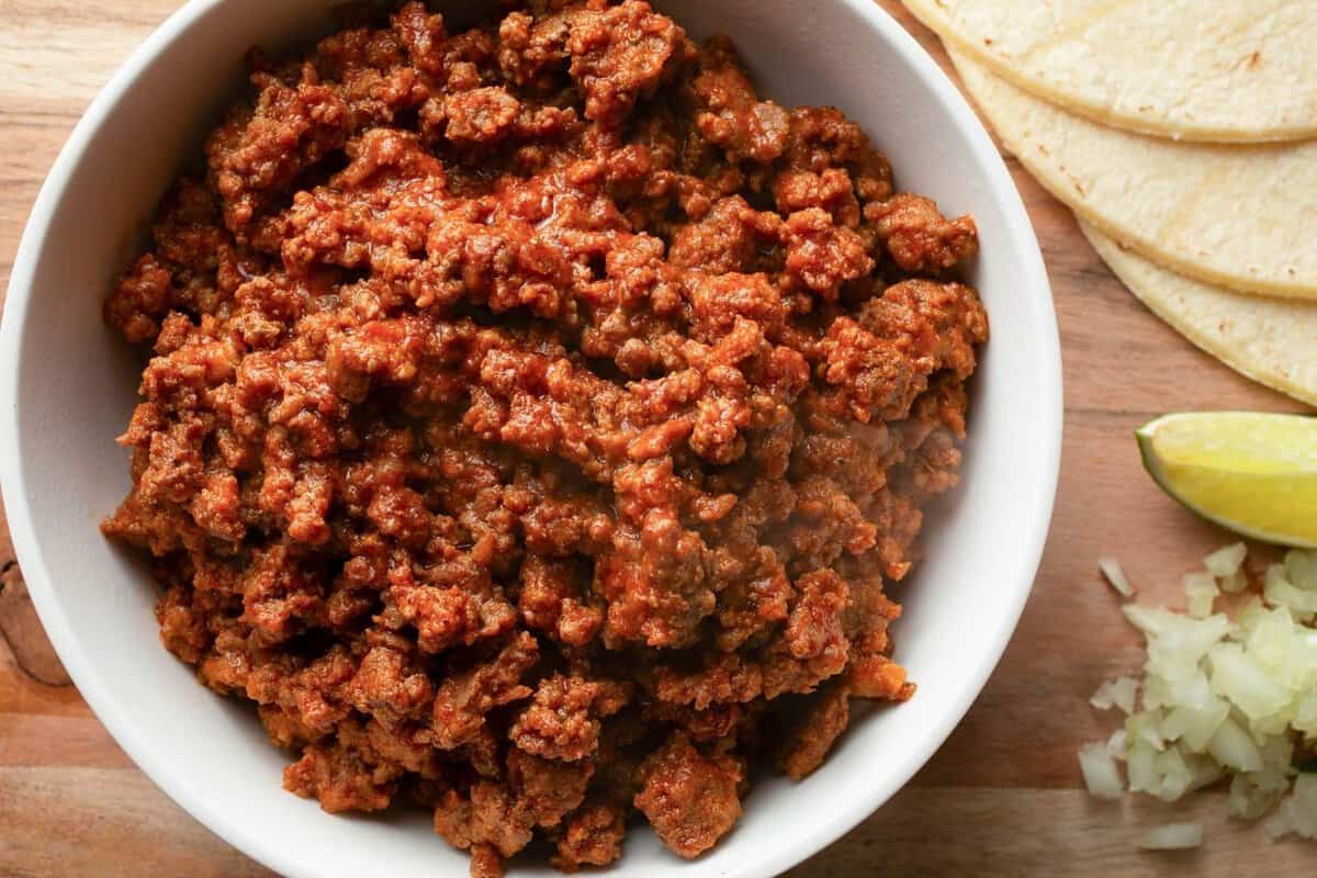overhead view to taco meat cooked in the crockpot