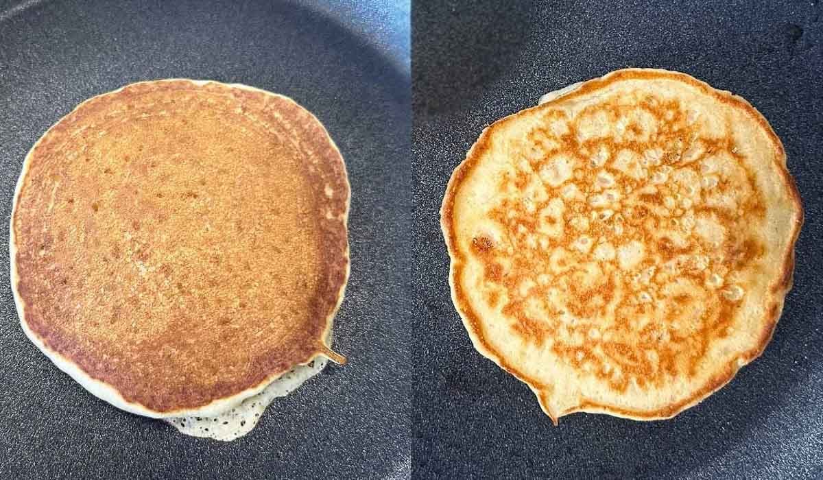 two image collage side by side. Left is a pancake with a smooth top and soft edges (like IHOP's) and on the right is a pancake cooked in oil or butter with crisp edges and circles on top