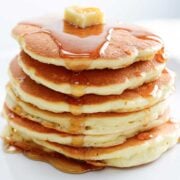 large stack of fluffy American pancakes