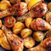 top view of baked chicken legs and potatoes
