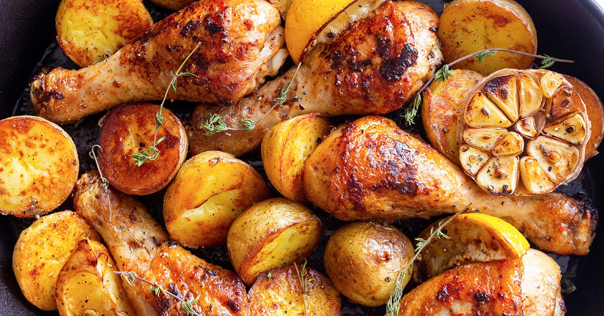 Baked Chicken Legs & Potatoes (Lemon Garlic Recipe)