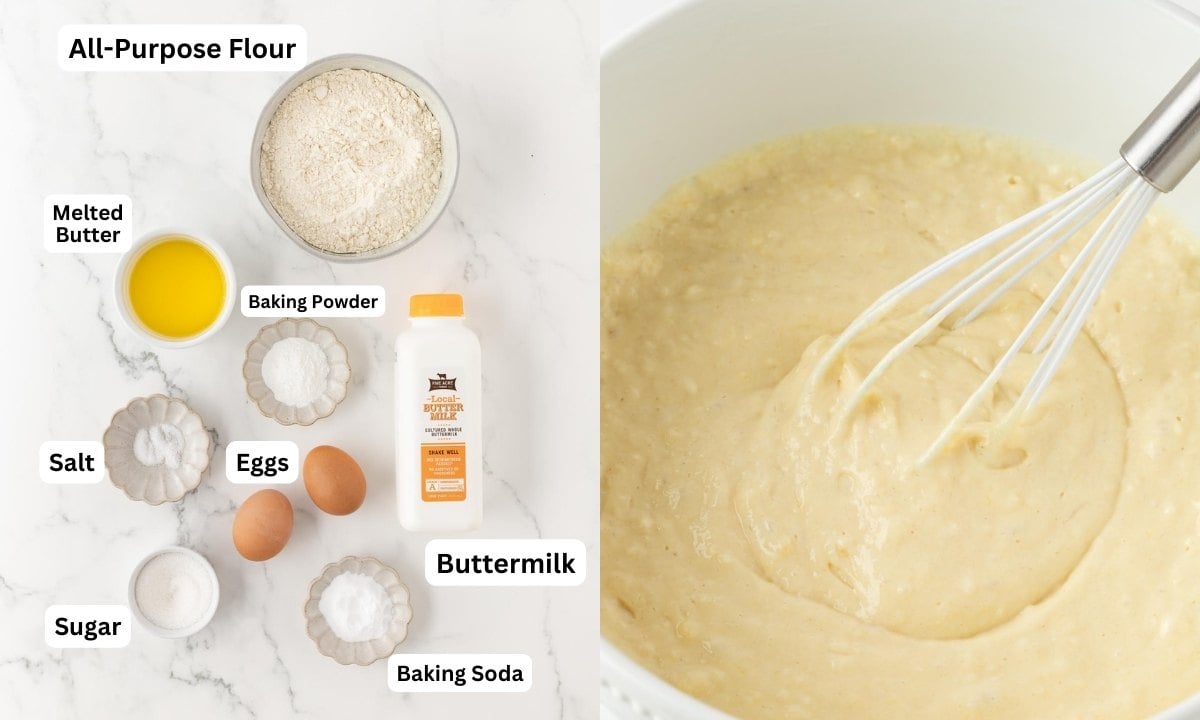 side by side image of ingredients for buttermilk pancakes and a bowl of the batter