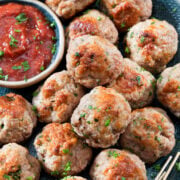 top view of chicken meatballs with marinara sauce