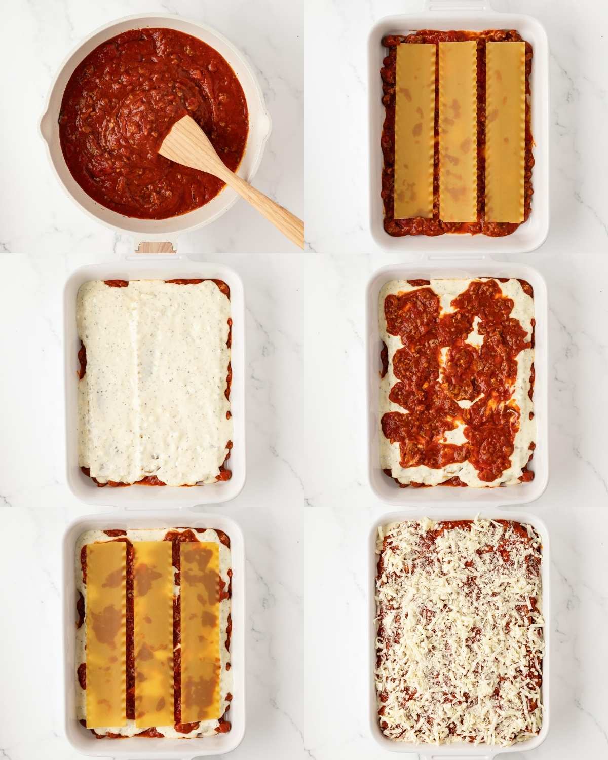 6 image collage showing the layer order of making lasagna with cottage cheese. Top left is the meat sauce in a pot. Top right is a base of sauce and uncooked lasagna noodles in the baking dish. Middle left is first layer with the cottage cheese sauce. Middle right is middle meat layer. Bottom left is another layer of noodles, and bottom right is final top layer of the lasagna with shredded mozzarella over the top.