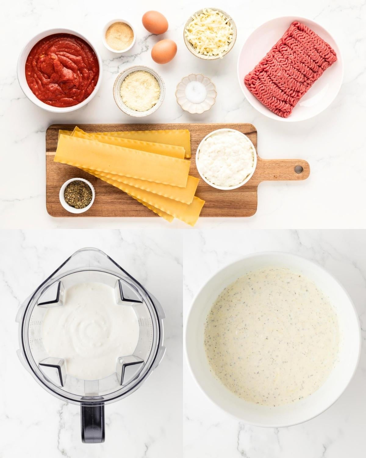3 image collage. top image has an overhead view of the ingredients needed to make a lasagna with cottage cheese. bottom left image is the cottage cheese blended smooth inside a blender jar. Bottom right image is the smooth cottage cheese mixed with the seasonings in a bowl.