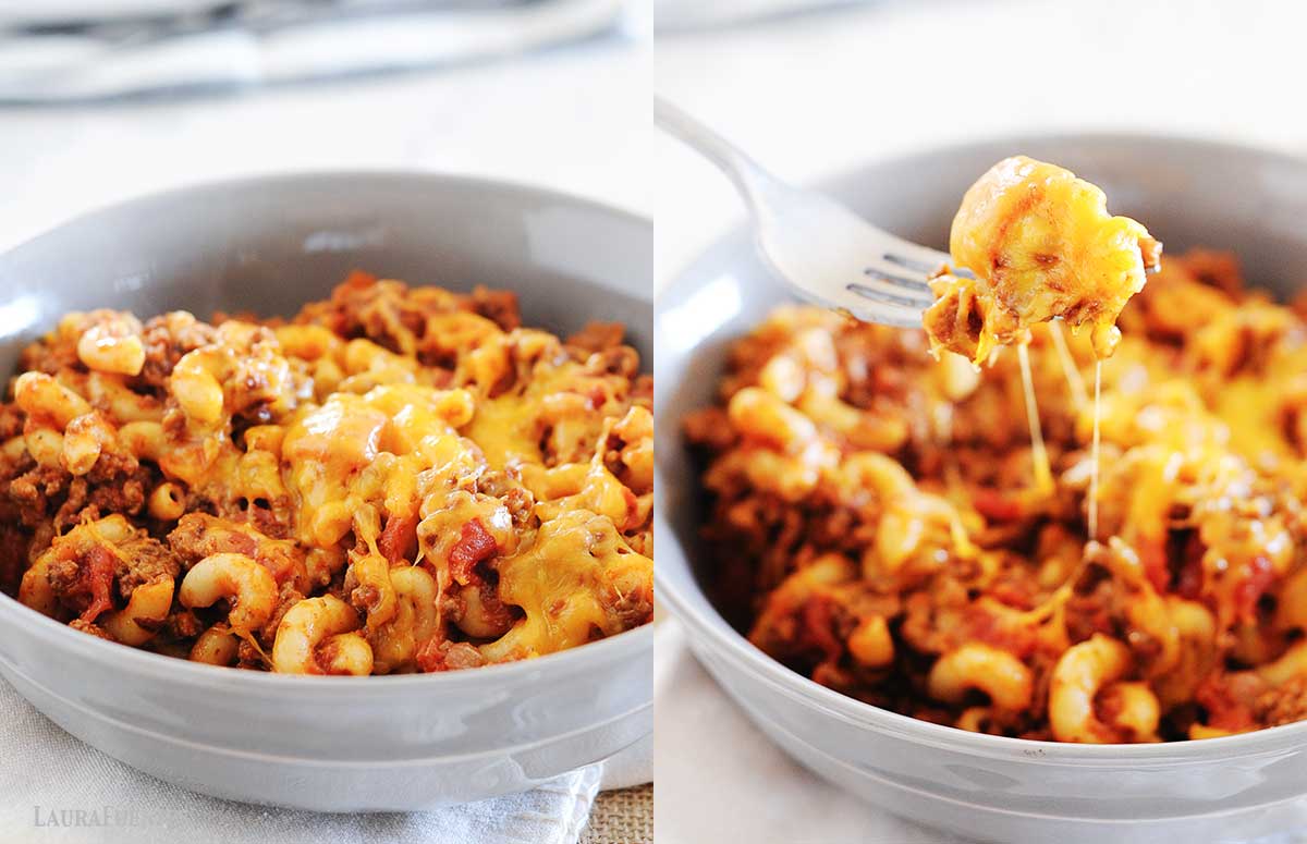side by side ground beef goulash bowls