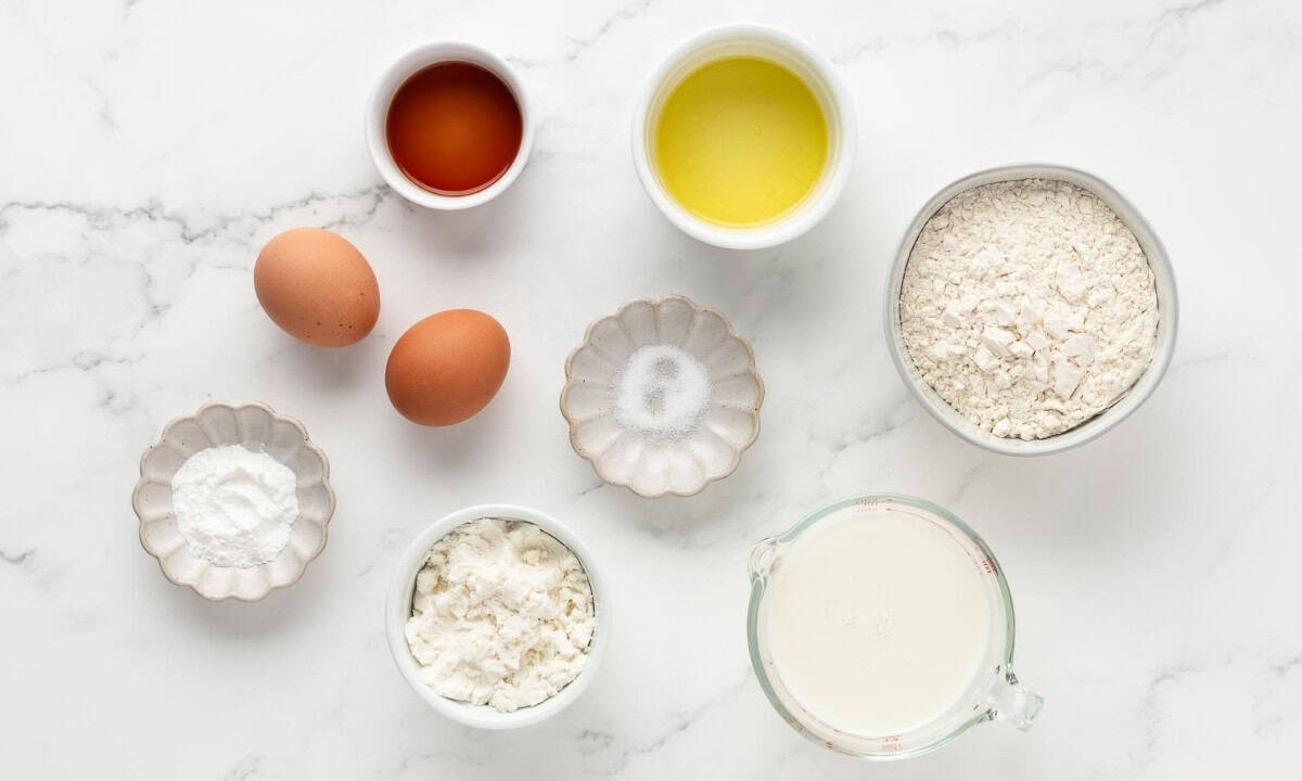 overhead view of ingredients needed to make protein waffles with protein powder