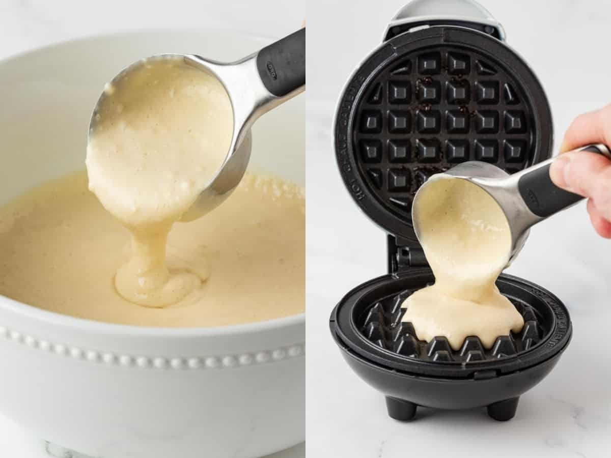 two image collage of protein waffle batter bowl on left and pouring waffle batter into the waffle maker on the right.