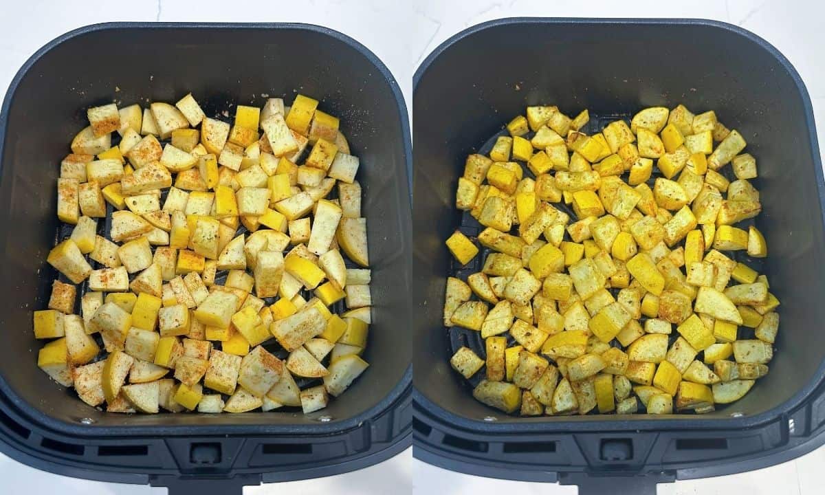 before and after cooking summer squash slices in the air fryer