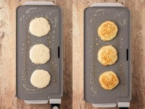 overhead view of cooking cracker barrel style pancakes at home on a griddle. on left first side, on the right, after flipping