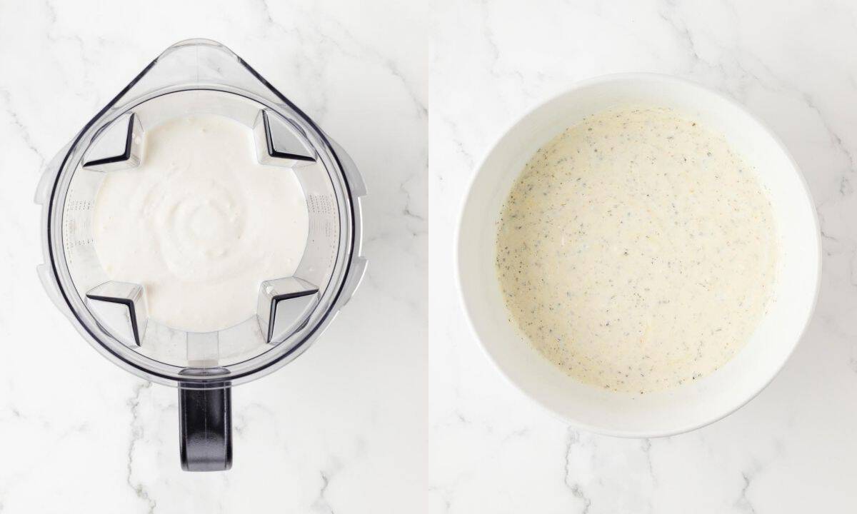 left: cottage cheese in the blender; right: cheesy filling in a bowl