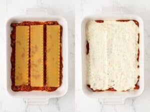 left: lasagna noodles over tomato and meat sauce; right: an added layer of cheesy filling