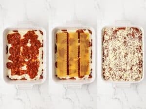 three steps of layering cottage cheese lasagna