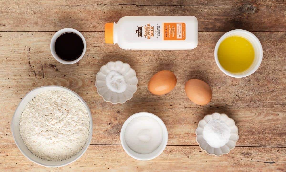 overhead view of ingredients needed to make homemade pancakes like cracker barrel's at home
