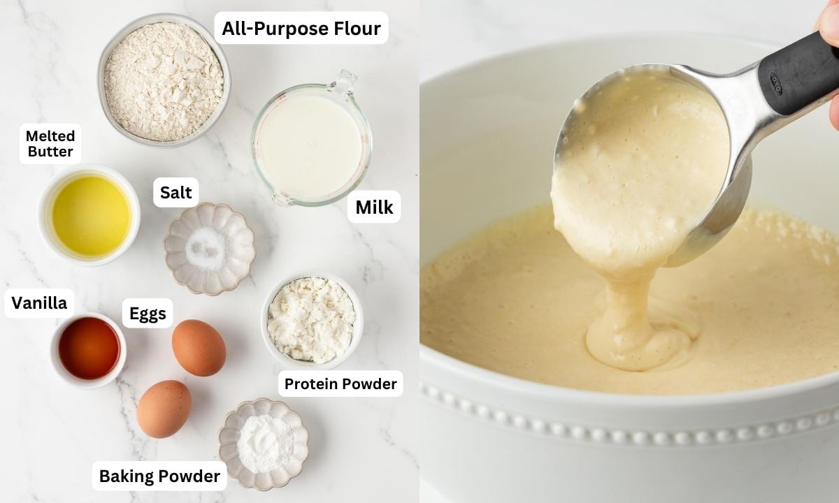 Two side by side images. Left are ingredients for making protein waffles (labeled) and on right is the protein waffle batter in a scoop to show texture
