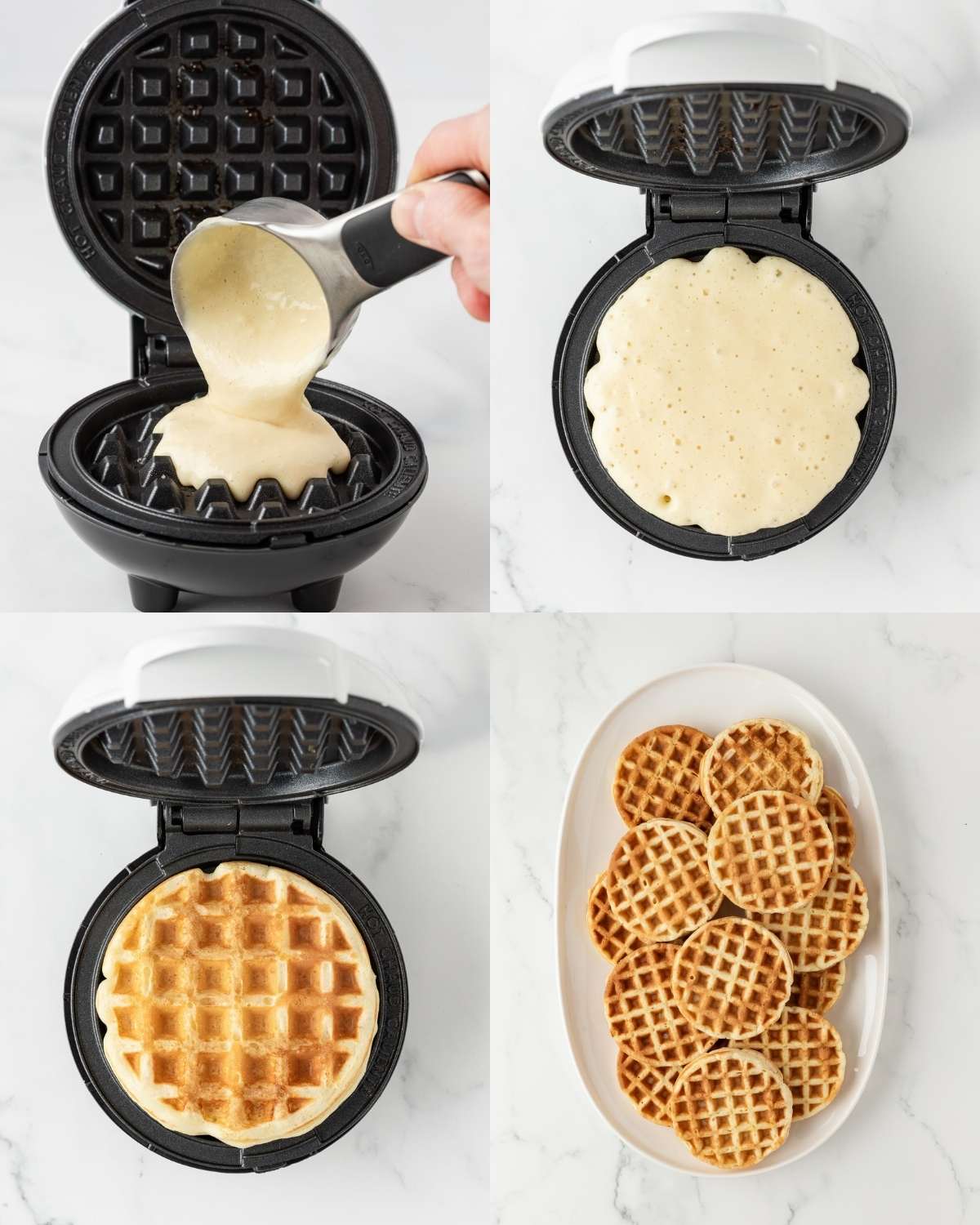 4 image collage showing the steps for how to make protein waffles. Top left is pouring batter in a mini waffle maker, top right shows how much batter to add to waffle maker, bottom left is finished waffle cooked in waffle maker, bottom right is all the waffles on a platter