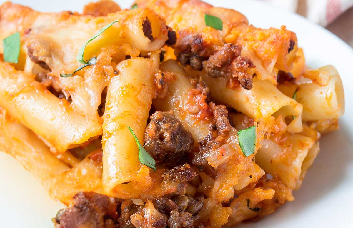 cottage cheese baked ziti in a dish