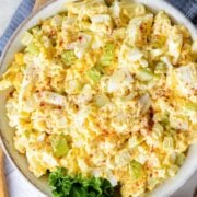 top view of deviled egg salad in a bowl