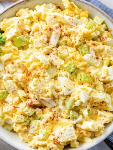 top view of deviled egg salad in a bowl