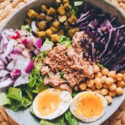 top view of a protein sald with tuna, eggs, chickpeas and veggies