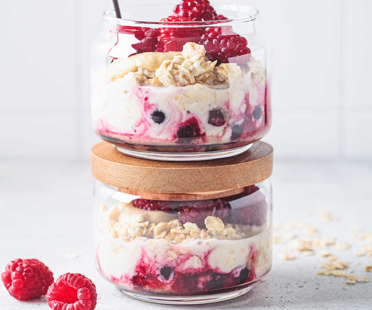 two jars of raspberry overnigh oats