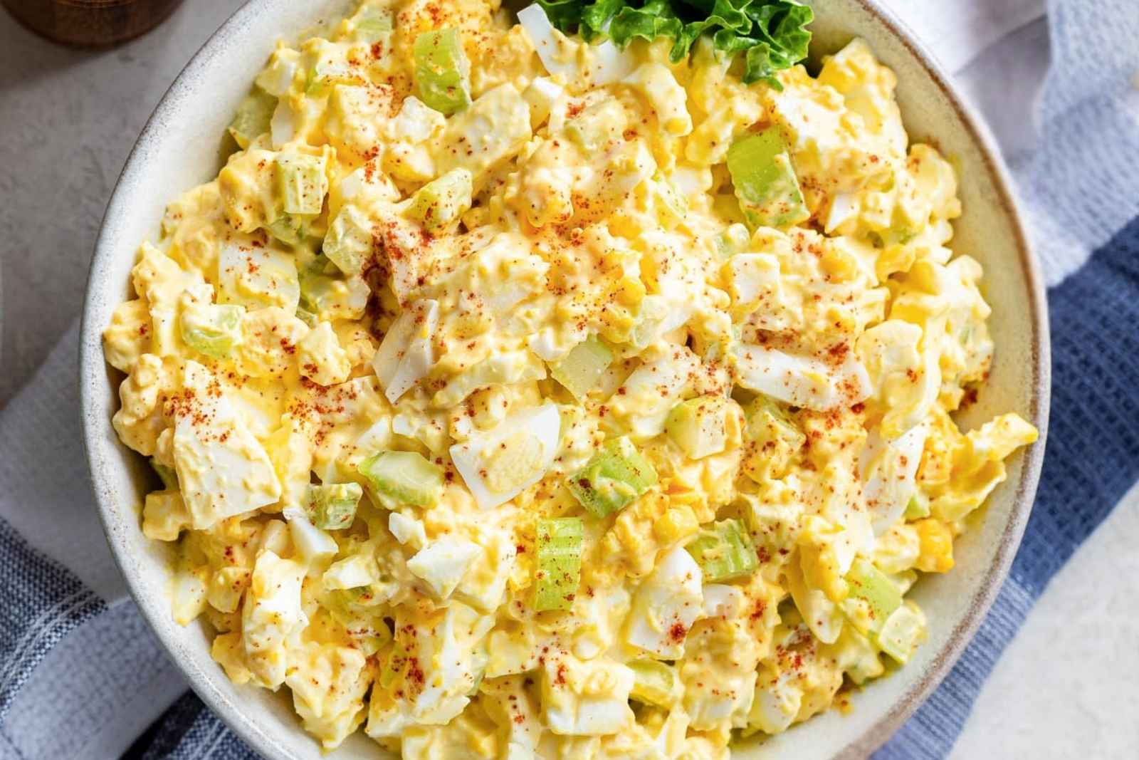 top view of deviled egg salad in a bowl