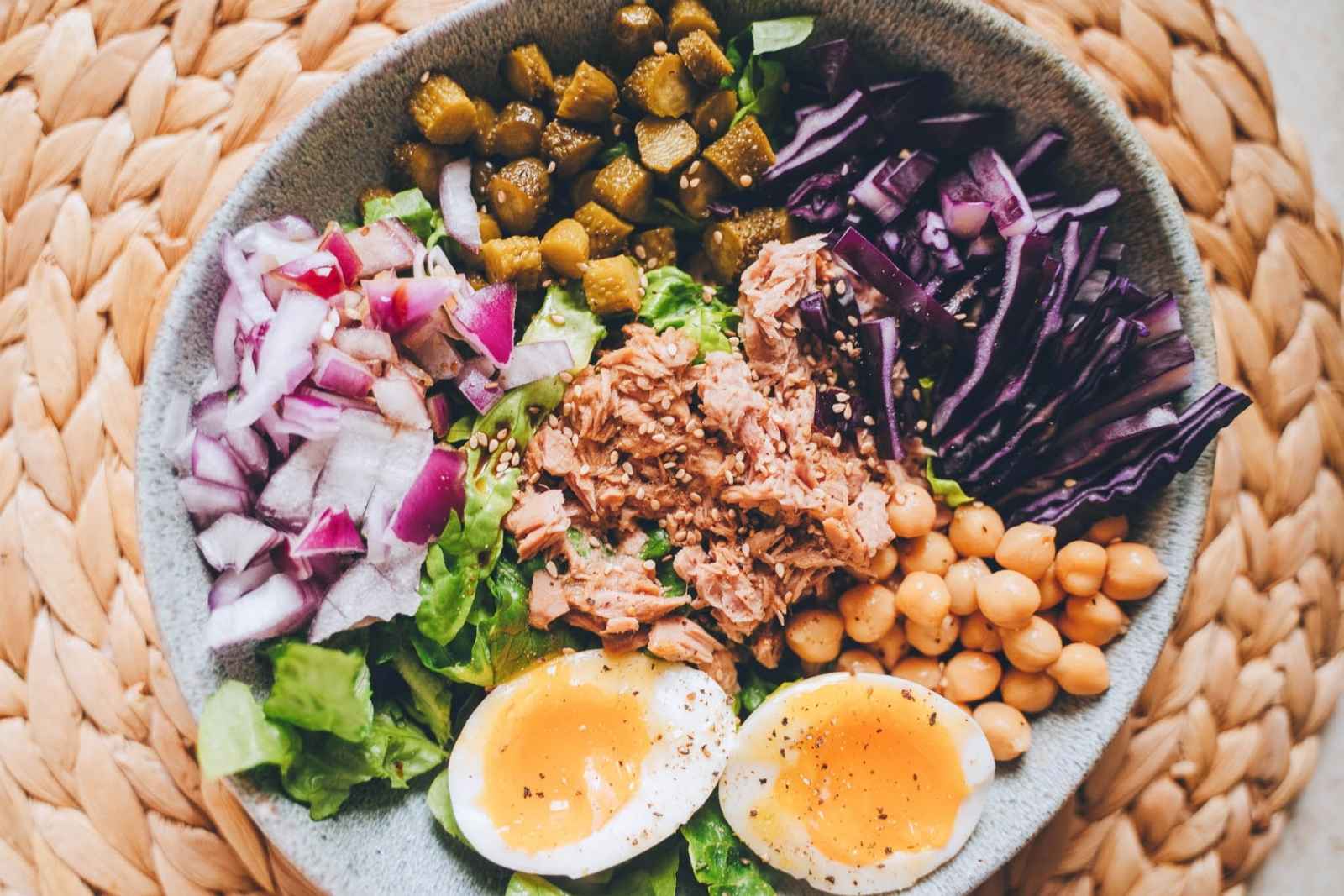 top view of a protein sald with tuna, eggs, chickpeas and veggies
