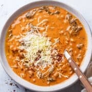 top view of cottage cheese tomato soup with beans