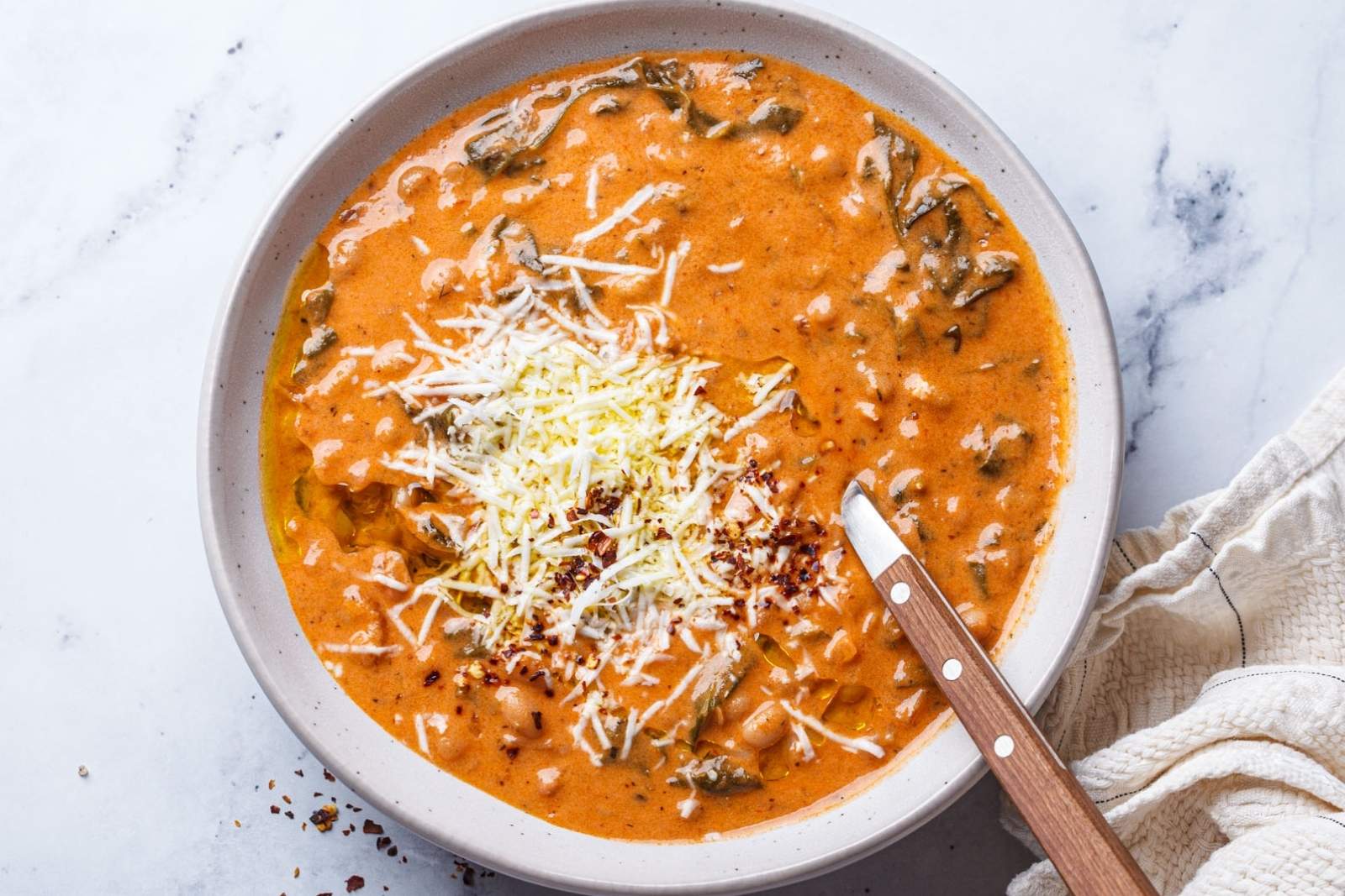 top view of cottage cheese tomato soup with beans