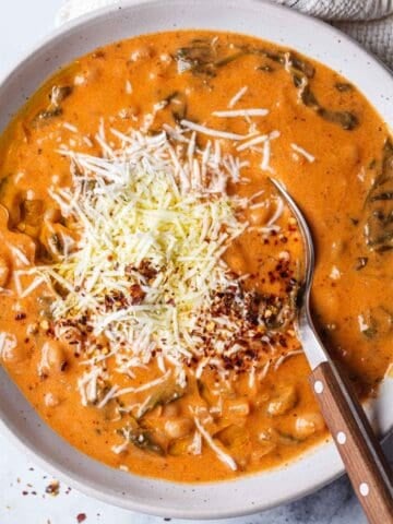 top view of cottage cheese tomato soup with beans