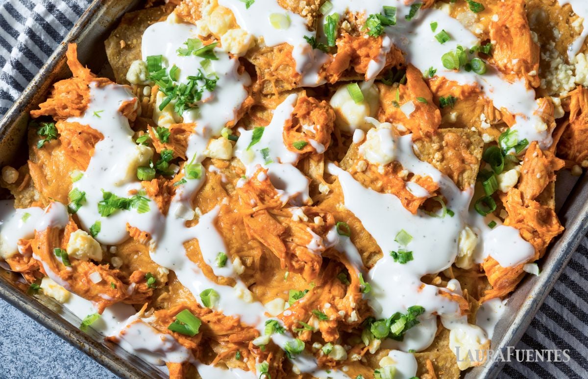 top view of buffalo chicken nachos