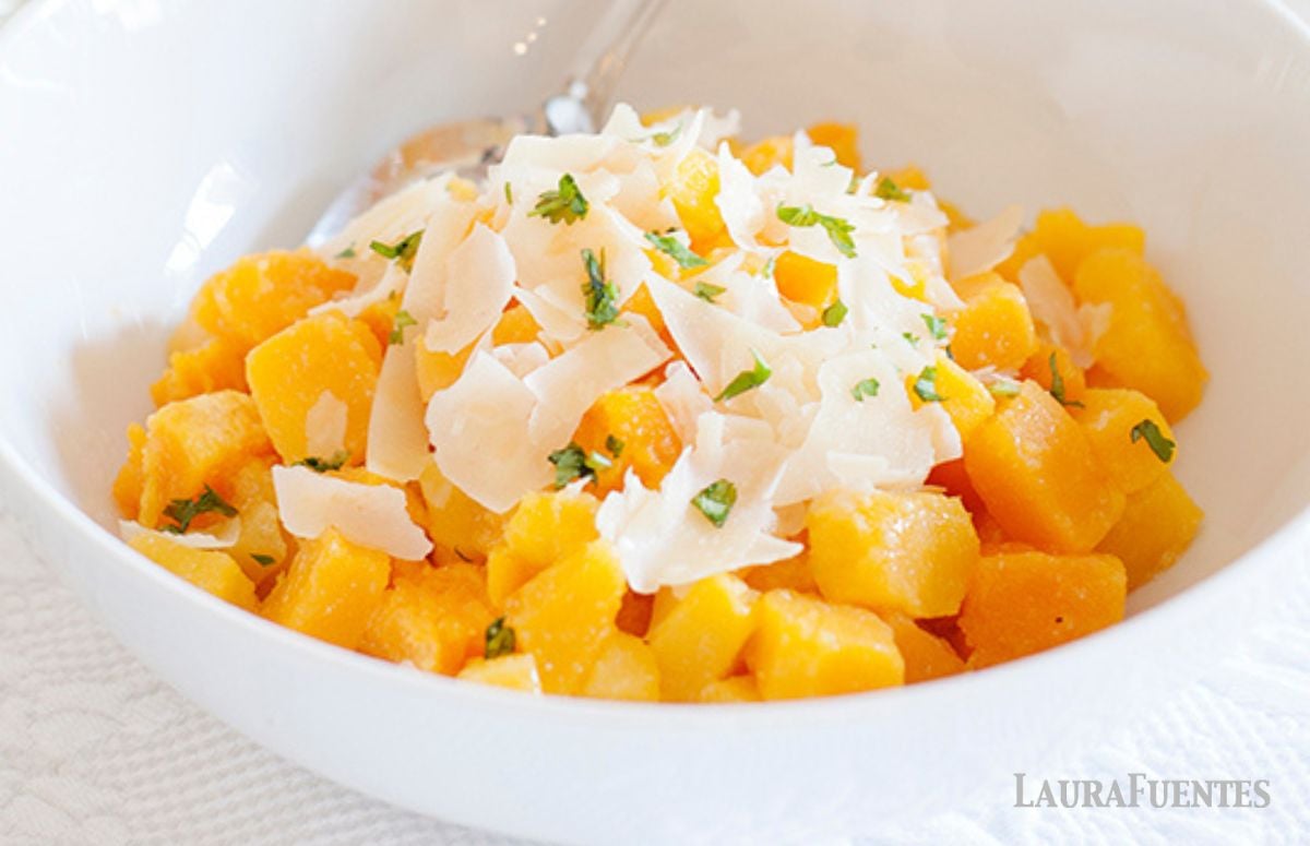savory butternut Squash cubes with garlic and Parmesan
