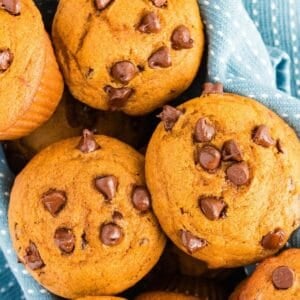 overhead view of pumpkin muffins made with cottage cheese with chocolate chips in a basket
