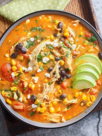 top view of rotisserie chicken enchilada soup
