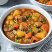 a bowl of beef stew with potatoes and carrots