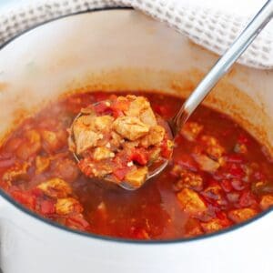 chicken goulash in a pot, with a ladle lifting tender chicken in a rich tomato-based broth