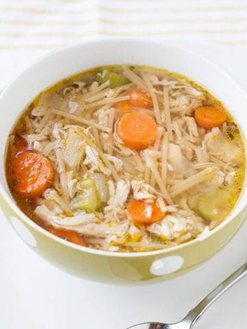 a bowl of chicken spaghetti soup