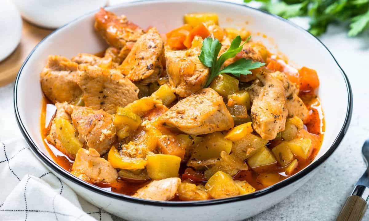 a bowl of zucchini chicken stew