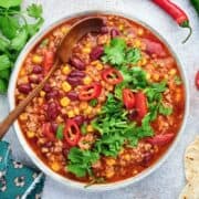 overhead view of corn chili