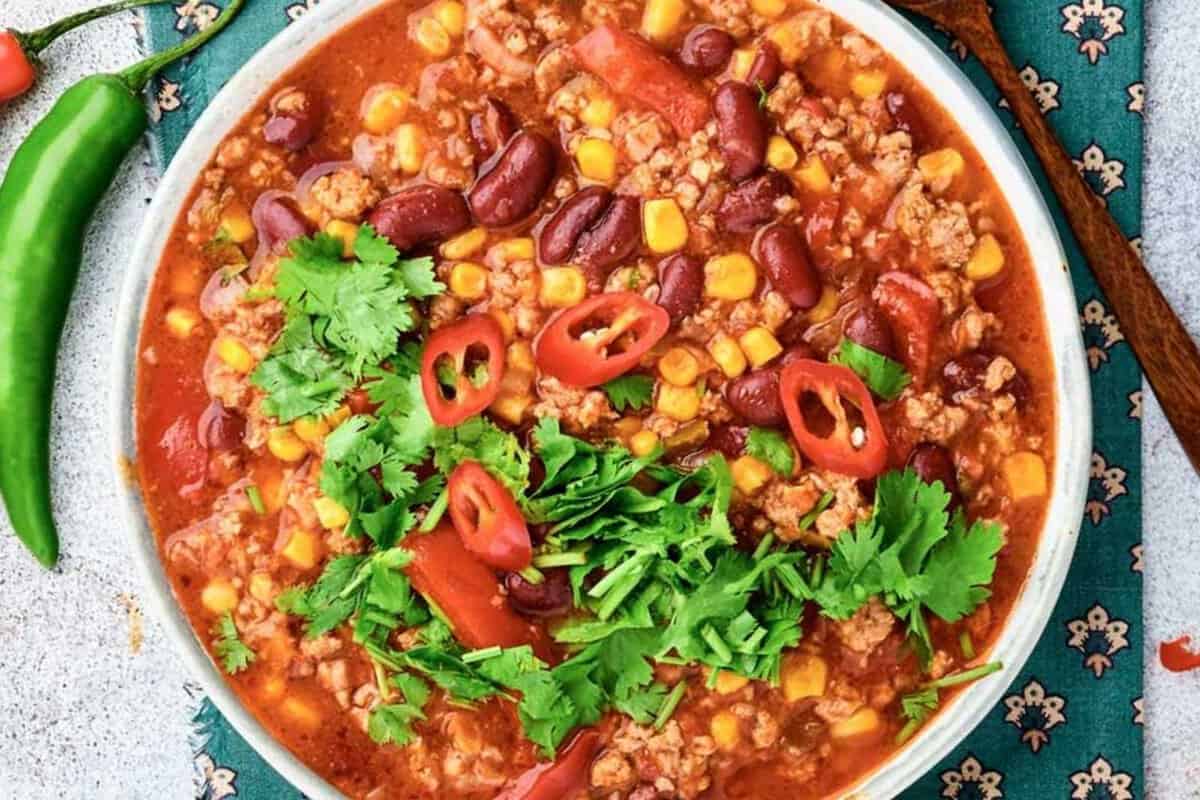 overhead view of corn chili
