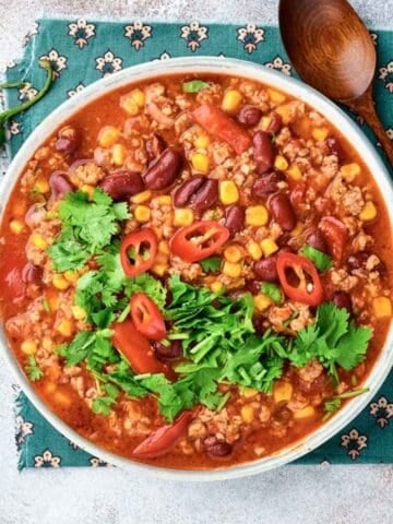 overhead view of corn chili