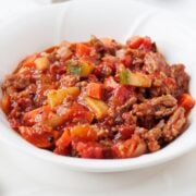 large bowl of ground chicken chili