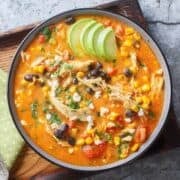 top view of rotisserie chicken enchilada soup