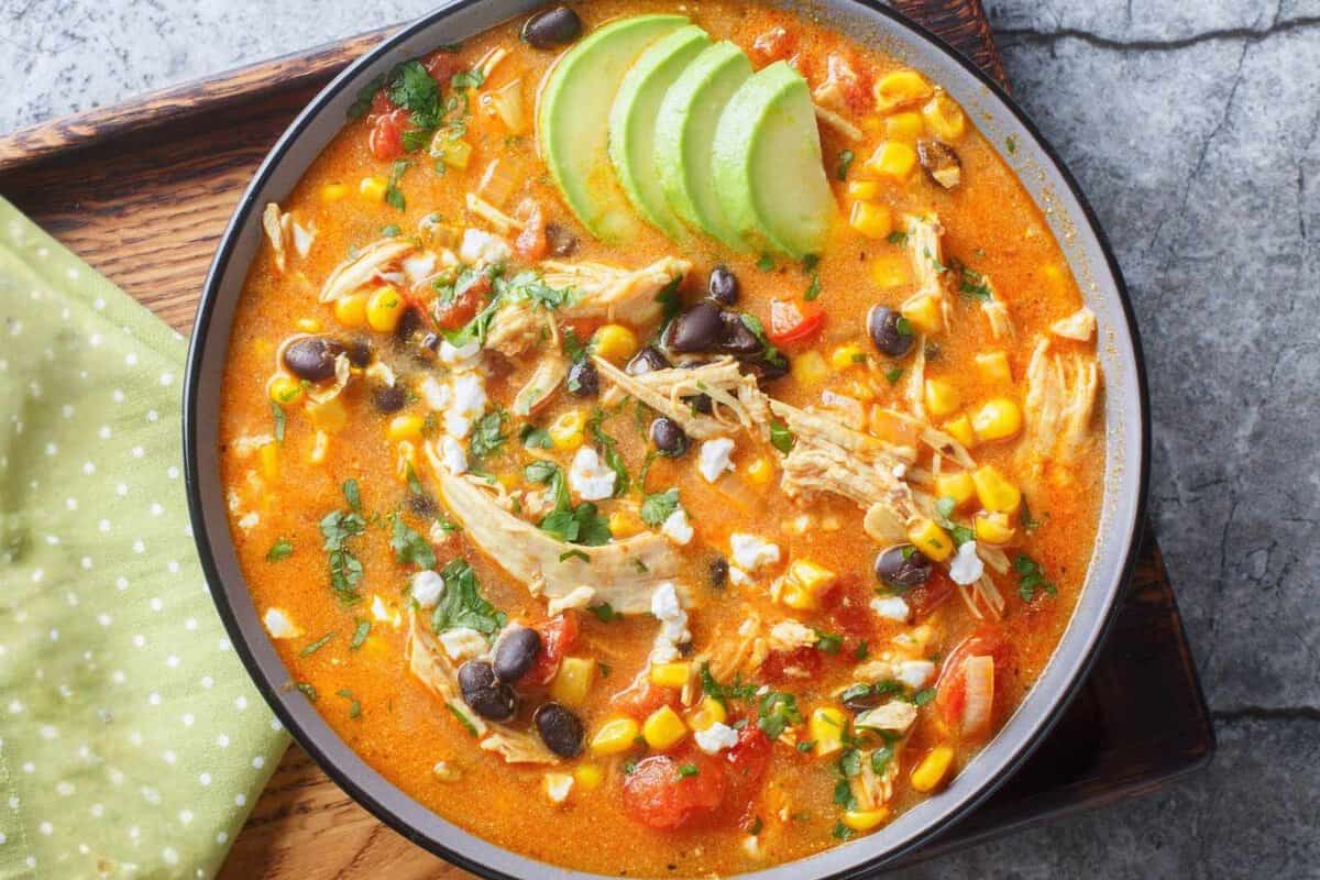 top view of rotisserie chicken enchilada soup
